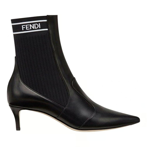 Fendi Rockoko Black Scuba Stretch FF Logo Knit Sock Ankle Kitten Heel Boot 35.5 - Picture 1 of 11